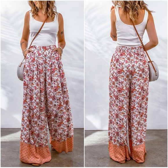 029 Boho floral Print Pocket Wide leg Palazzo pants - Picture 2 of 2